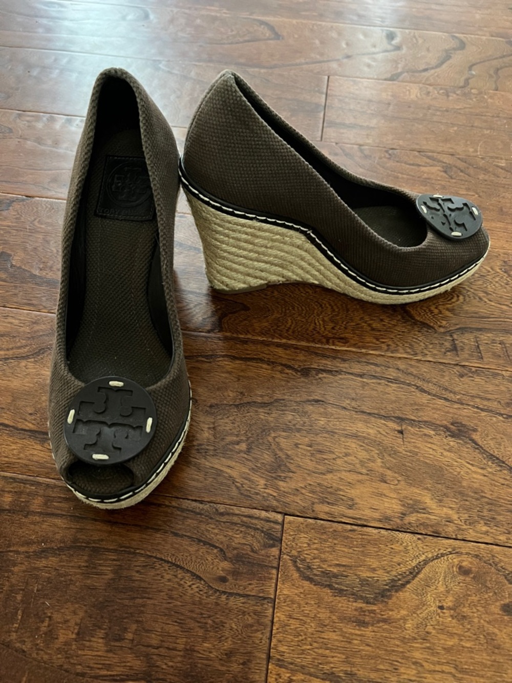 Tory Burch Dark Brown Peep Toe Wedge